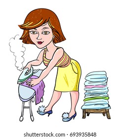 Cartoon image of woman ironing. An artistic freehand picture.