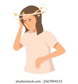 Cartoon image of a woman looking dizzy with stars spinning around her head, implying confusion or lightheadedness