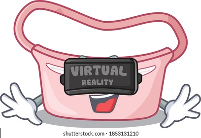 A cartoon image of women waist bag using modern Virtual Reality headset