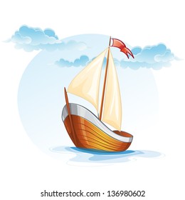Cartoon image of a wooden sailing boat. Vector illustration for web design, print, magazine, poster.