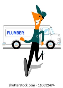 Cartoon image of a worker rushing to plumbing job