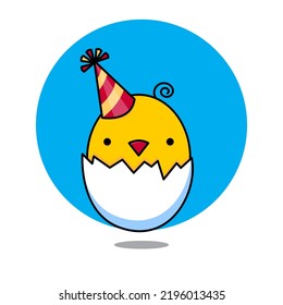 A cartoon image of a yellow chick peeking out of an egg half. Bi