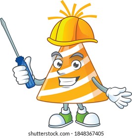 Una caricatura de un sombrero de fiesta amarillo en un personaje de automóvil. Ilustración del vector