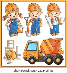 Cartoon images of concrete mixer and workers with building tools. Construction vehicles. Profession. Colorful vector set of illustrations for kids.