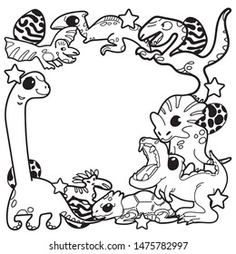 Cartoon images of dinosaur with different actions and emotions. hand drawn doodle illustration.