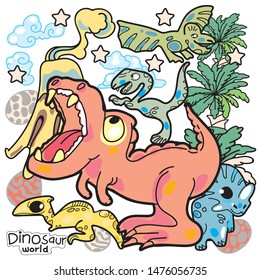 Cartoon images of dinosaur with different actions and emotions. hand drawn doodle illustration .