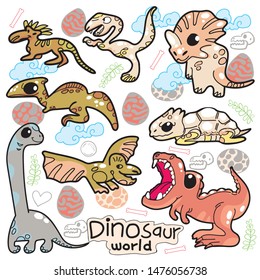 Cartoon images of dinosaur with different actions and emotions. hand drawn doodle illustration .