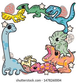 Cartoon images of dinosaur with different actions and emotions. hand drawn doodle illustration .