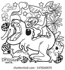 Cartoon images of dinosaur with different actions and emotions. hand drawn doodle illustration.