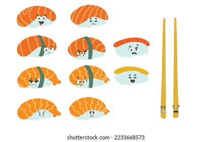 Cartoon images of Ebi Sushi. Vector Illustration. Sushi smile Angry Expression. Cartoon character emoticon
