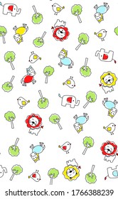 Cartoon images of elephants, lions, giraffes and birds with fine contours, vector illustrations, trees as ornaments