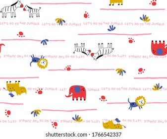 Cartoon images of elephants, zebras, lions, rhinos and birds, vector illustrations, footprints, leaves as ornaments, irregular horizontal lines and letters let's to the jungle as background