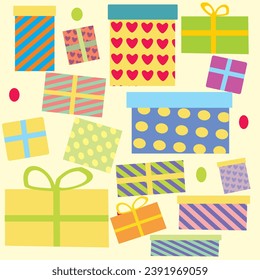 cartoon images of gifts in various colors and different sizes