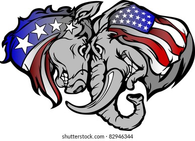 Cartoon Images of  Political Mascots Donkey and Elephant