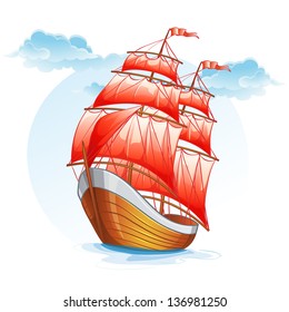 Cartoon images of a sailboat with red sails. Vector illustration for web design, print, magazine, poster.