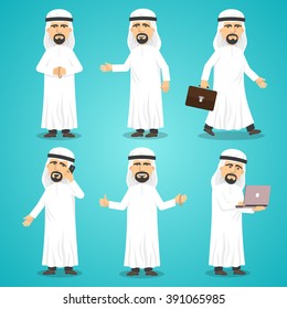 Cartoon Images Set Of Arab Man In Traditional Arabic Clothing Isolated Vector Illustration