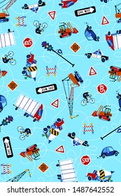 cartoon images of several cars, heavy equipment vehicles and men riding bicycles, signs and all their devices as ornaments, small dots forming irregular curved lines in the background