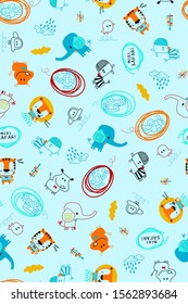 cartoon images of some protected animals, planes, helicopters, cars and clouds with smooth contours as ornaments, suitable for printing designs