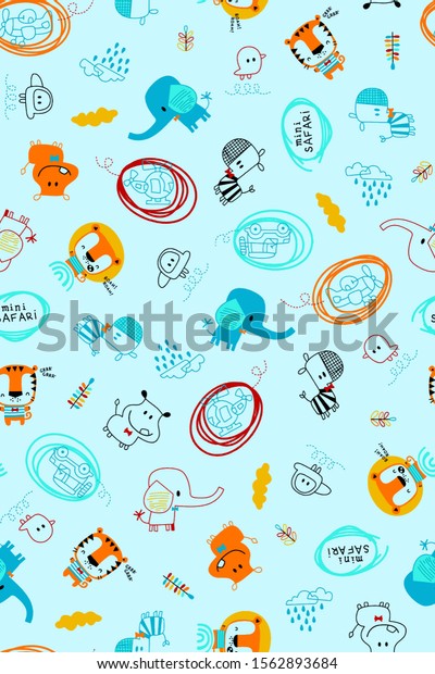 cartoon images of some protected animals, planes,\
helicopters, cars and clouds with smooth contours as ornaments,\
suitable for printing\
designs