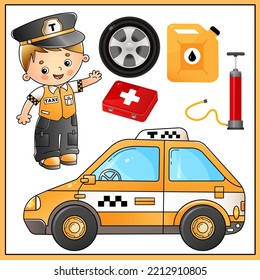 Cartoon Images Of Taxi With Driver. Road Set. Car Wheel And Pump, Canister With Petrol, First Aid Kit And Tools. Profession. Transport. Colorful Vector Set Of Illustrations For Kids.