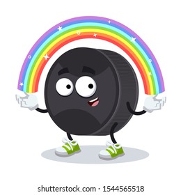 cartoon imagination black rubber hockey puck character mascot smiling on white background