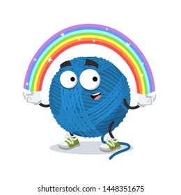 cartoon imagination blue wool yarn ball character mascot smiling on white background