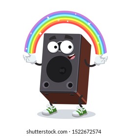 cartoon imagination brown wooden sound speaker character mascot smiling on white background