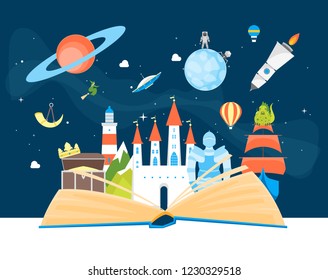 Cartoon Imagination Concept Card Poster Open Book Element Flat Design Style Include of Rocket, Sky, Balloon and Star. Vector illustration