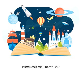 Cartoon Imagination Concept Open Book Element Flat Design Style Include of Rocket, Sky, Balloon and Star. Vector illustration