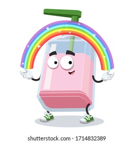 cartoon imagination liquid soap bottle character mascot smiling on white background