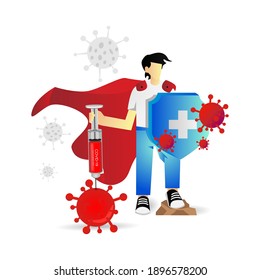 Cartoon immune system character take a vaccine and shield design vector
