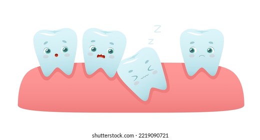 Cartoon impacted tooth in the gum. Teeth impaction cute illustration for kids dental clinic. Sleeping wisdom tooth.