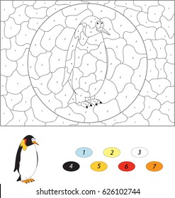 Cartoon Imperial Penguin. Color by number educational game for kids. Illustration for schoolchild and preschool