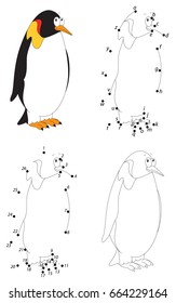 Cartoon Imperial Penguin. Coloring book and dot to dot educational game for kids