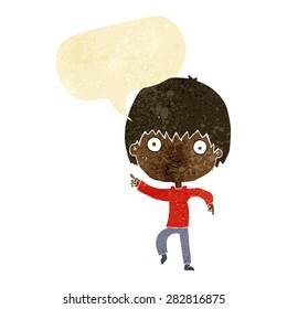 cartoon impressed boy pointing with speech bubble