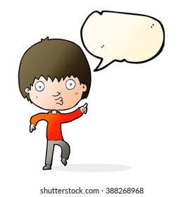 cartoon impressed boy pointing with speech bubble