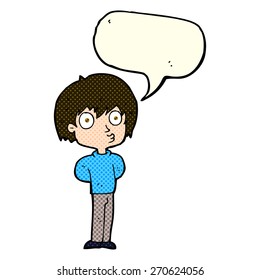 Cartoon beeindruckte Junge mit Sprachblase