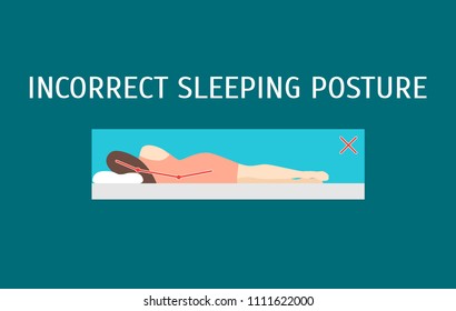 Cartoon Incorrect Sleeping Body Posture Healthcare Concept Flat Design Style. Vector illustration of Health Care