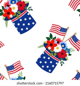 Cartoon Independence Day flowers arrangement in American patriotic top hats with green leaves, and flags. Holiday cards, 4th of July banners. Isolated on white background.