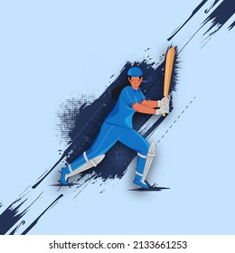 Cartoon India Female Batter Player In Action Pose With Brush Stroke Halftone Effect On Blue Background.