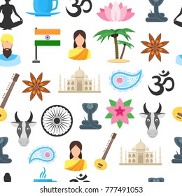 Cartoon India Seamless Pattern Background on a White Welcome Travel Concept Oriental Culture. Vector illustration