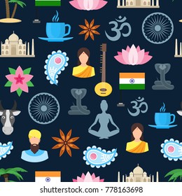 Cartoon India Seamless Pattern Background on a Blue Welcome Travel Concept Oriental Culture. Vector illustration