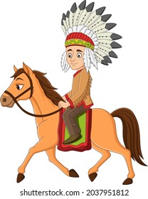 Cartoon indian american riding on a horse