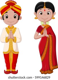 Cartoon Indian couple wearing traditional costume