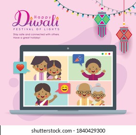 Cartoon Indian family having video chat on laptop screen. People meeting together via video call to celebrate festival. Virtual conference flat vector. Online holiday party during quarantine.