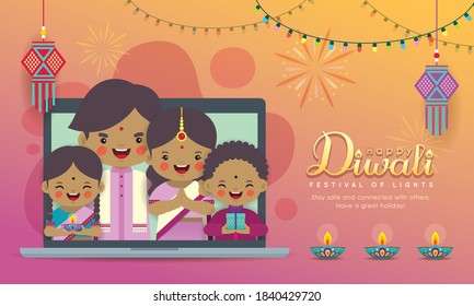 Cartoon Indian Family Having Video Chat On Laptop Screen. People Meeting Together Via Video Call To Celebrate Festival. Virtual Conference Flat Vector. Online Holiday Party. New Normal Life.