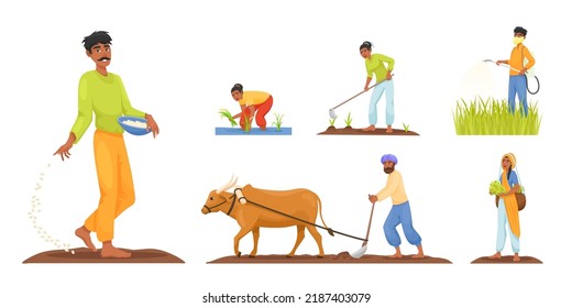 Cartoon indian farmers. Traditional rural farmer of farms village india, agricultural gardering ploughing field, agrarian man woman with farmers animal, exact vector illustration of rural india farmer