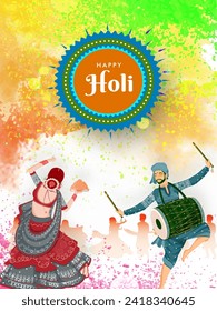 Cartoon Indian Female Dancing with Drummer Man, Gulal Bowl (Dry Color) on The Occasion of Happy Holi Celebration. Can Be Used Design as a Template Design.