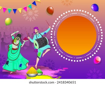 Cartoon Indian Female Dancing with Drummer Man, Gulal Bowls (Dry Color), Balloons, Bunting Flag Decorated Background and Given Empty Round Floral Frame for Your Message as a Happy Holi.