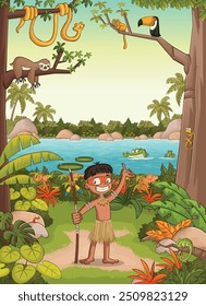 Cartoon Indianer im Wald. Tropischer Regenwald mit Einheimischen. Stamm mit Tieren und Indianer auf Amazon Dschungel.
